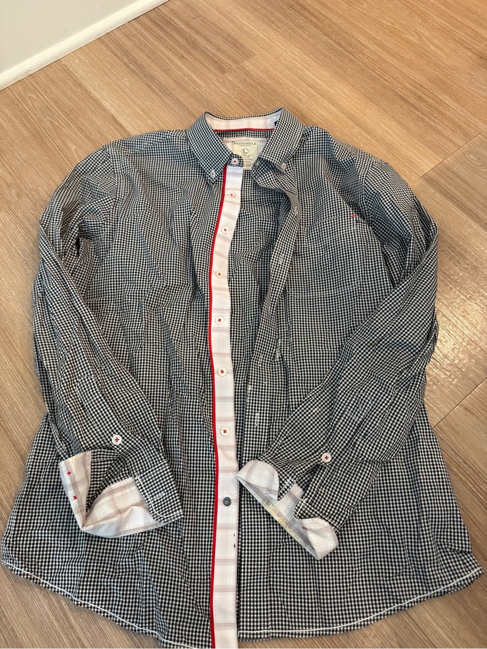 Panhandle Slim Black & White Gingham Button-Up Shirt with Red Trim